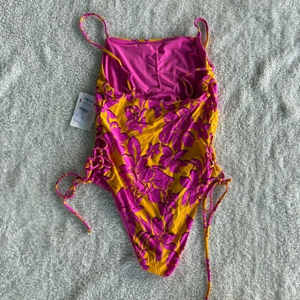 NWT Roxy‎ Island Time Lace Up Side One Piece Cheeky Swimsuit Pink Orange Floral